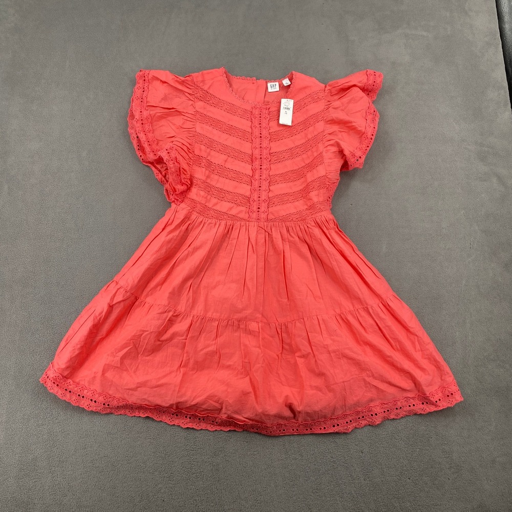 Gap Kids Girls XL 12-13 Coral Pink Eyelet Lace Tiered Flutter Sleeve Dress